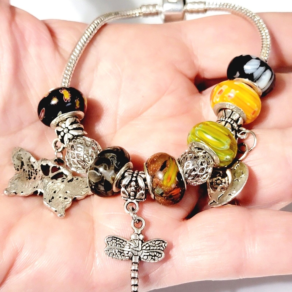 Vintage Multicolor Charm Bracelet Sterling Silver 925 Glass Bead Dragonfly Moon